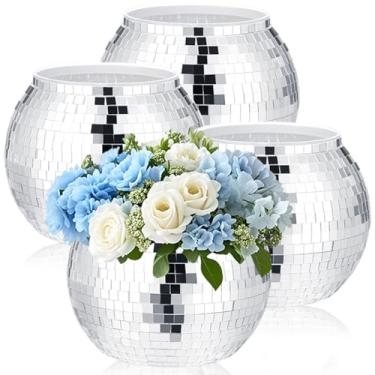 Imagem de 4 vasos de bola de discoteca, centros de mesa de plástico para discoteca, 15 x 17 cm, decoração de bola de discoteca, espelhada, prata, pode ser usado para centros de mesa de casamento, aniversário