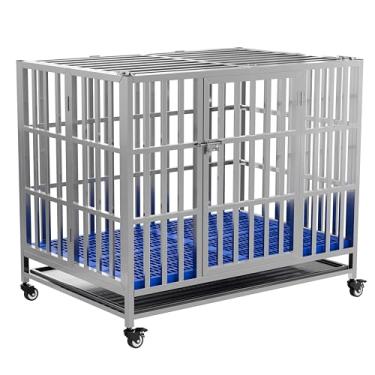 Imagem de FoQualy Caixa dobrável de aço inoxidável para cães, 76 cm, 94 cm, 106 cm, 122 cm, roda com trava, empilhável, resistente, divisória, interna e externa (94 cm)