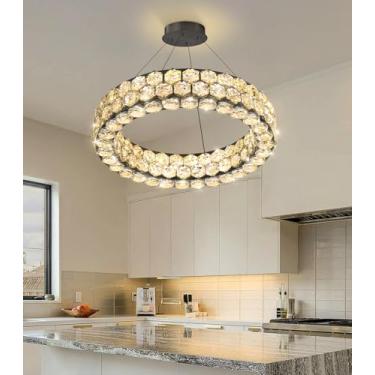 Imagem de dolria Lustre De Cristal Moderno, Anel, Lustres Para Sala Jantar, Estar, Redondo, Led, Regulável, Luminária Teto, Quarto, Corredor, Hall, Preto