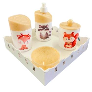 Imagem de Kit Higiene Bebê Floresta Encantada c/bandeja MDF - Menino e Menina (Quadrada Branca/Madeira)