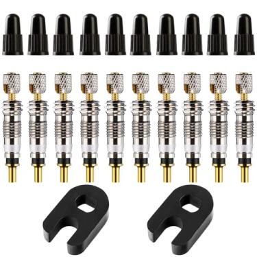 Imagem de Kit de substituição de núcleo de válvula Presta – Conjunto de reparo de pneu de bicicleta sem câmara de 22 peças com núcleos de válvula, tampas de válvula Presta e ferramenta de remoção de núcleo para
