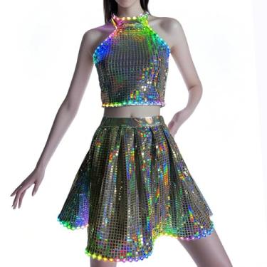 Imagem de Earthradius Vestido feminino de LED sem mangas sexy com lantejoulas, moderno, colado ao corpo, saia quadril, boate, festa, apresentação, palco (prata, GG)
