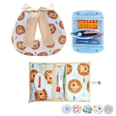 Imagem de Necessaire Porta Remédios Portátil + Porta Fraldas, lenço Umedecido e Pomada + Almofada Amamentação Para Bebê(LEÃOZINHO)