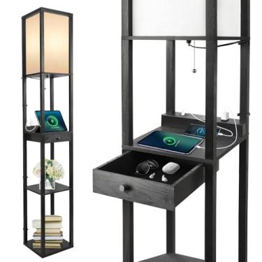 Imagem de OUTON Luminária de chão com prateleiras, 1 gaveta, 2 portas USB-C, 2 tomadas AC, luminária de chão moderna de LED com 3 temperaturas de cor, lâmpada de madeira para sala de estar, quarto, escritório