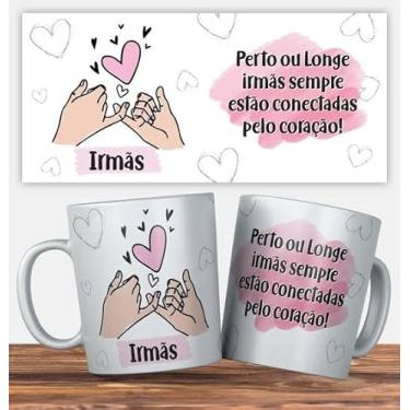 Imagem de Caneca Decorativa Irmãs, Design com Corações e Mãos, Cerâmica Branca, Presente Sentimental