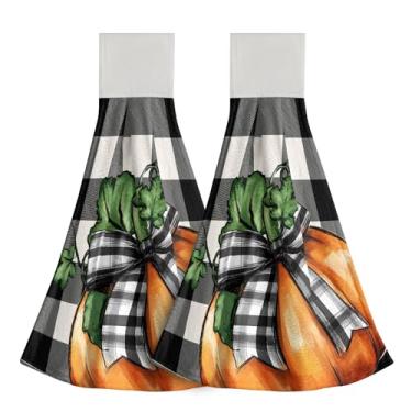 Imagem de Giwawa Pacote de 2 toalhas de cozinha penduradas no outono laranja abóbora xadrez decoração gancho de mão laço de mão - Buffalo xadrez Ação de Graças pano macio toalha de prato para banheiro