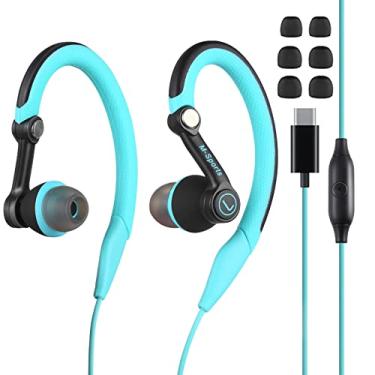 Imagem de mucro Fones de ouvido esportivos com fio, fones de ouvido intra-auriculares, fones de ouvido para corrida, fones de ouvido com microfone para iPhone, iPod, telefone Android (azul-tipoC)