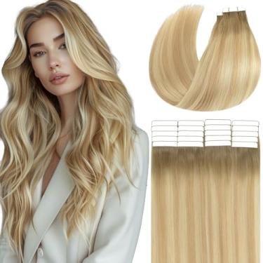 Imagem de Loxxy Extensões de fita adesiva de cabelo humano invisível para pele, extensões de cabelo natural, cor ombré marrom claro/loiro platinado com raiz marrom claro #R8-12/60 20 peças 50 g por pacote 35 cm