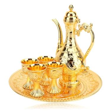 Imagem de Conjunto de chá turco, conjunto de bule de café vintage com 4 xícaras de café e bandeja de chá, bule de chá turco prático multiuso para casa (ouro)