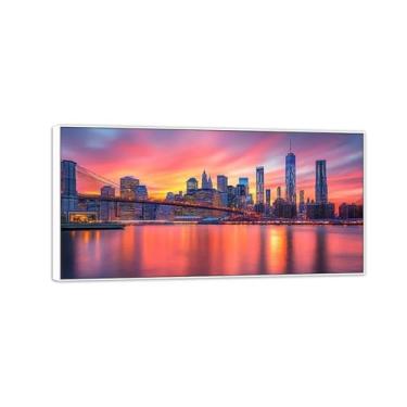 Imagem de MUHJDYC Arte de parede em tela de paisagem urbana - impressões panorâmicas em tela - Noite de Nova York - Imagem com moldura branca para decoração de sala de estar 50 x 100 cm - 19 x 39 pol