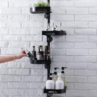 Imagem de shuang qing Organizador de poste de tensão para chuveiro de canto de 4 níveis – Poste de tensão de metal ajustável à prova de ferrugem, prateleiras de plástico com grade de segurança, armazenamento de