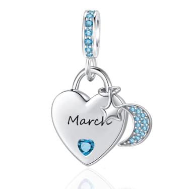 Imagem de QeenseKc Pingente de lua e estrela com pingente de coração do mês de nascimento do mês de março compatível com pulseira Pandora feminina