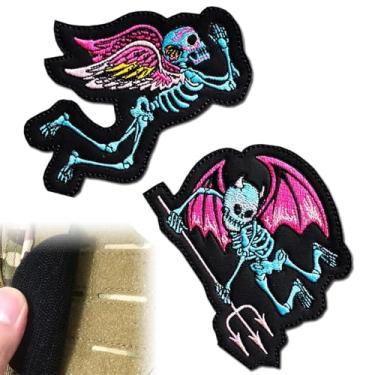 Imagem de Remendos bordados de esqueleto anjo e esqueleto demônio (2 peças), esqueleto com asas adesivo engraçado de moral costurado para Halloween, aplique de ferro sobre aplique para roupas, jaquetas, chapéu mochila
