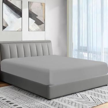 Imagem de Apenas lençol de baixo com elástico Cal-King - 600 fios 100% algodão egípcio - bolsos extra profundos de 40 cm - ultramacio e respirável - resistente a rugas e desbotamento - ajuste único, cinza claro