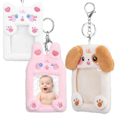 Imagem de AOKWAWALIY 3 peças porta-cartões de foto de pelúcia com chaveiro bonito porta-crachá gato cachorro coelho capa protetora para cartão ao ar livre para Kpop Idol foto crachá de identificação cartão de