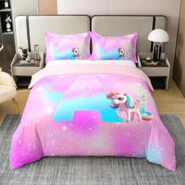 Imagem de jejeloiu Capa de edredom de unicórnio fofo para meninas, 100% algodão, com lantejoulas, para decoração de quarto de meninos e meninas, estilo princesa sonhadora, tamanho solteiro, rosa, 2 peças, zíper