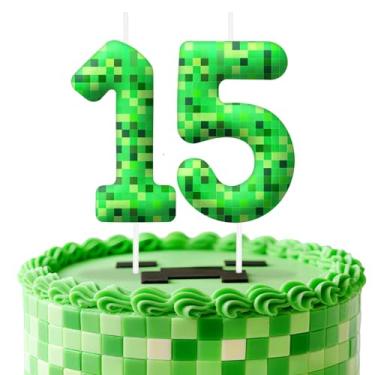 Imagem de Velas de aniversário verdes número 15, topo de bolo com tema de pixel para decoração de bolo para meninos e meninas, decorações de aniversário, suprimentos de festa, velas numéricas para decoração de
