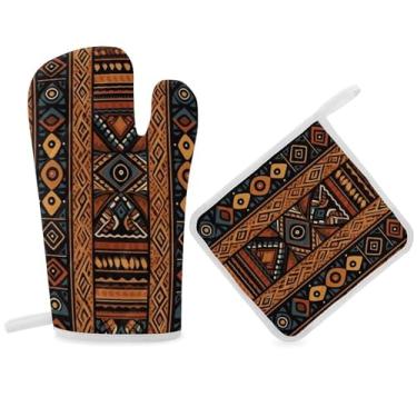 Imagem de Conjuntos de luvas de forno e suportes de panela resistentes ao calor luvas de cozinha antiderrapantes padrão africano tradicional almofadas quentes luvas de cozinha para micro-ondas com camada