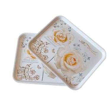 Imagem de Bandeja grande de melamina, pacote com 2 bandejas empilháveis de alimentos com estampa floral para presente, festa, decoração, casa, restaurante (rosa dourada, média)