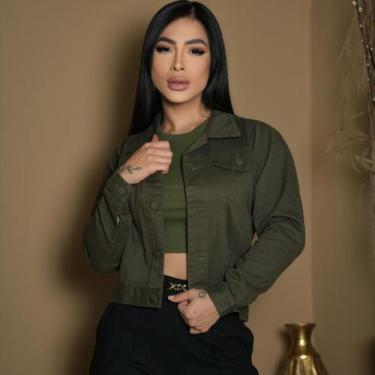 Imagem de Jaqueta Feminina Jeans Detalhe em Botão Encapado Verde Militar - SELLE