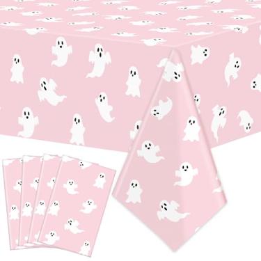 Imagem de Augisteen Pacote com 4 toalhas de mesa de plástico de Halloween 137 cm x 274 cm toalhas de mesa descartáveis rosa fantasma tema fantasma Halloween capas de mesa retangulares para casa, ambientes