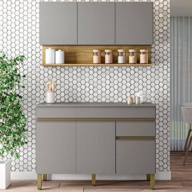 Imagem de Balcão Com Tampo E Armário Aéreo 120 Cm Line Gris Ktp Gris Cp Freijo