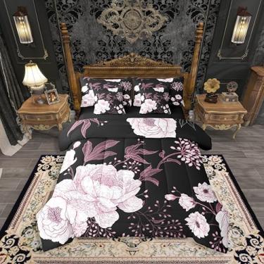 Imagem de Erosebridal Conjunto de cama de solteiro, floral botânico, 7 peças, folhas de flores rosa em uma bolsa, conjunto de cama floral de jardim inclui edredom, conjunto de lençol, fronhas e fronhas