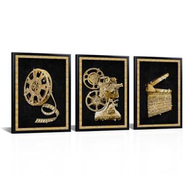Imagem de HOMEOART Decoração de sala de cinema em casa cinema decoração de parede emoldurada pronta para pendurar 30 x 40 cm x 3 peças (dourado)
