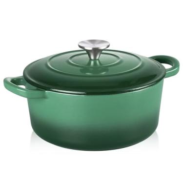 Imagem de TeamFar Forno holandês de ferro fundido esmaltado - Panela de forno holandês pequena de 3 litros com tampa - Panela de ferro fundido resistente para assar pão, refogar, assar, verde manjericão