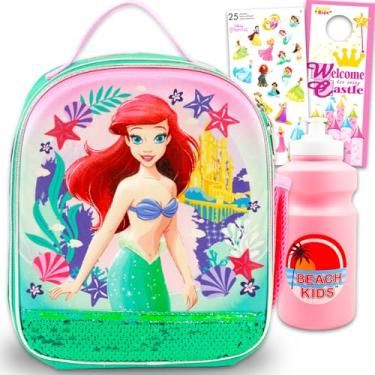 Imagem de Disney The Little Mermaid Lancheira para meninas – Pacote com lancheira Ariel e garrafa de água, adesivos, mais | Lancheira Pequena Sereia para Escola Infantil