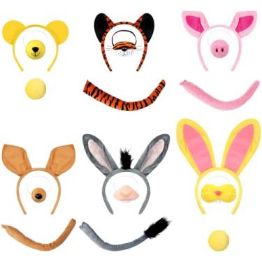 Imagem de Knitgrip Pacote com 6 conjuntos de fantasias de animais, porco, urso, tigre, burro, orelhas de coelho, nariz, cauda de animal, acessórios para adultos, Halloween, zoológico, cosplay, festa, acessórios