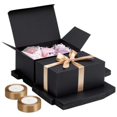 Imagem de EUSOAR Caixas de presente com tampas para presentes, 15 peças de caixa de presente de aniversário preta de 23 x 15 x 10 cm com fita, caixa de papel artesanal de papelão a granel para casamento