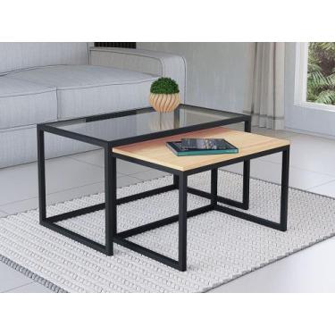 Imagem de Conjunto Mesa De Centro Industrial 65cm e 60cm Preto Duo Vidro e Madei