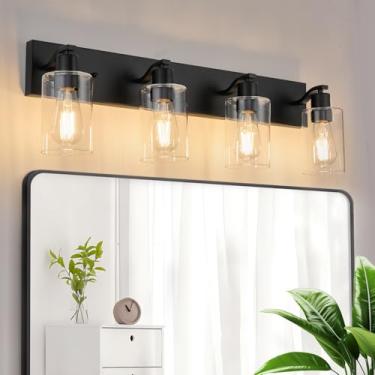 Imagem de AMRUIPO 4 luzes de banheiro luminárias pretas com sombra de vidro transparente 76 cm luminárias modernas de banheiro sobre espelho para quarto/sala de estar
