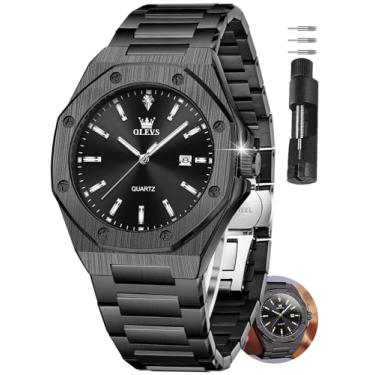 Imagem de OLEVS Relógio de pulso masculino de aço inoxidável, à prova d'água, luxuoso, com data, casual, azul/preto/dourado/prata Reloj para Hombre, Todo preto, Round, Relógio masculino casual de negócios