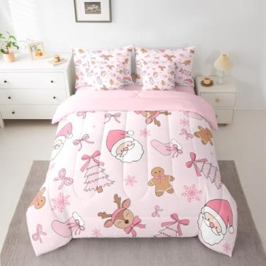 Imagem de Conjunto de cama queen de Natal rosa, 7 peças, boneco de neve, para decoração de quarto de meninos e meninas, conjunto de edredom com lençóis, fronhas e capa de almofada, árvore de Natal macia, veado