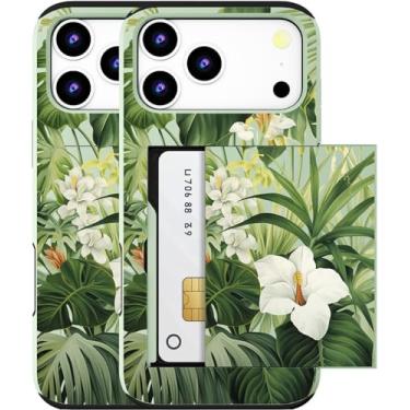 Imagem de MUQR Capa para celular 17 Pro compatível com porta-cartão fofo - Capa tipo carteira robusta com design Kawaii, proteção contra quedas de grau militar para mulheres (folhas verdes de flores tropicais)