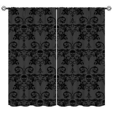 Imagem de Cortinas Damasco Pretas, Antigo Vitoriano Barroco Gótico Vintage Floral Exótico Crânio Boêmio Tratamentos de Janela para Quarto Sala de Estar 107 cm L x 114 cm C (30% Blackout)