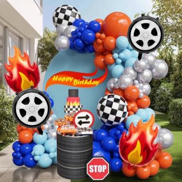 Imagem de 141PCS Blue Orange Race Car Balloon Arch Kit with Flame Foil Balloons, Monster Truck-Inspired Birthday Decorations, Tire Balloons, Racing Party Supplies for Boys, Balloon Garland Kit
