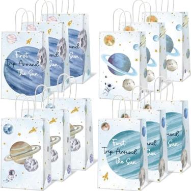 Imagem de 12 peças First Trip Around The Sun Birthday Space Party Bags Planet Birthday Goodie Gift Candy Bag Sacos de papel para crianças chá de bebê 1º espaço sideral decoração de lembrancinhas de festa 12 x 8