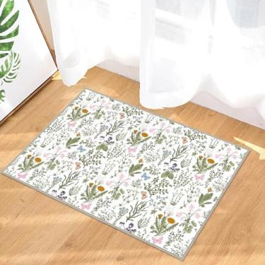Imagem de Tapete floral de primavera 2x3 pequeno tapete de entrada verde sálvia lavável à máquina, entrada interna, tapete de banheiro ultramacio bege antiderrapante para quarto, cozinha, porta da frente