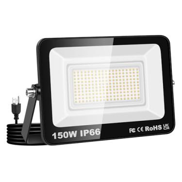 Imagem de Willpower Holofotes LED para ambientes externos 150W 15000LM, holofotes com plugue, luzes de segurança LED 3000K branco quente lâmpada de trabalho IP66 à prova d'água para jardim, garagem, quintal
