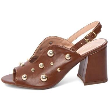 Imagem de Sandália Ankle Boot Feminina Salto Alto Grosso 7cm, Napa Preto, Aplicques em Dourado (Caramelo, BR, Adulto, Numérico, 37)