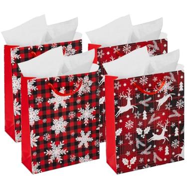 Imagem de RACHELLE'S Sacos de presente de Natal xadrez – Médio 33 x 25 x 10 cm (pacote com 4) – Sacos de presente de papel resistentes com papel de seda, etiqueta e alça - Perfeito para presentes de Natal e