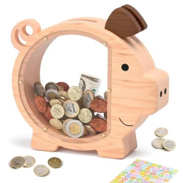 Imagem de Cofrinho de madeira para crianças, cofrinho fofo para meninos e meninas, caixa de dinheiro de madeira transparente personalizada para economizar dinheiro (madeira natural, padrão)