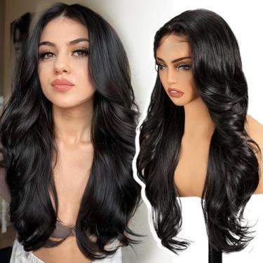 Imagem de Peruca frontal de renda sintética KOME Black Layered Wave 66cm