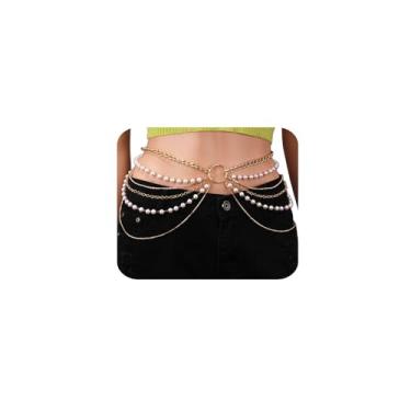 Imagem de Wiwpar Cinta brilhante dourada com várias camadas de contas de cristal e pérolas, corrente de barriga de pérola, correntes de cintura em camadas, acessórios para o corpo para mulheres, biquíni de