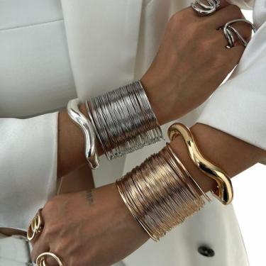 Imagem de Bracelete Grosso Largo Dourado Multi Fios Antebraço Arame Aro-Pulseira