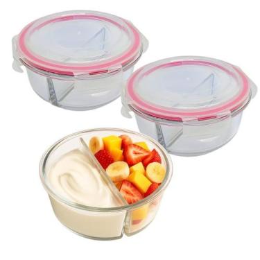 Imagem de Kit 2 Potes De Vidro 900ml 2 Divisórias Hermético Marmita Fit Com Trav