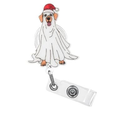 Imagem de 1 peça de carretel de crachá de Natal fofo cachorro leve retrátil clipe para crachá com design de roupas de chapéu de Natal, porta-crachás engraçados de acrílico com clipe giratório para cartão de